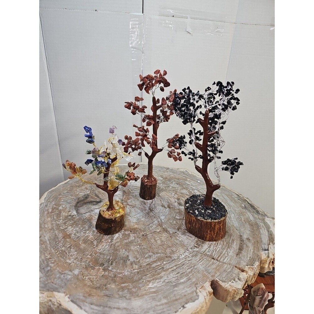 3 Pcs 300 Carnelian+Amet hyst+Crystal Gemstones Golden Branches Bonsai Tree - Picture 1 of 12